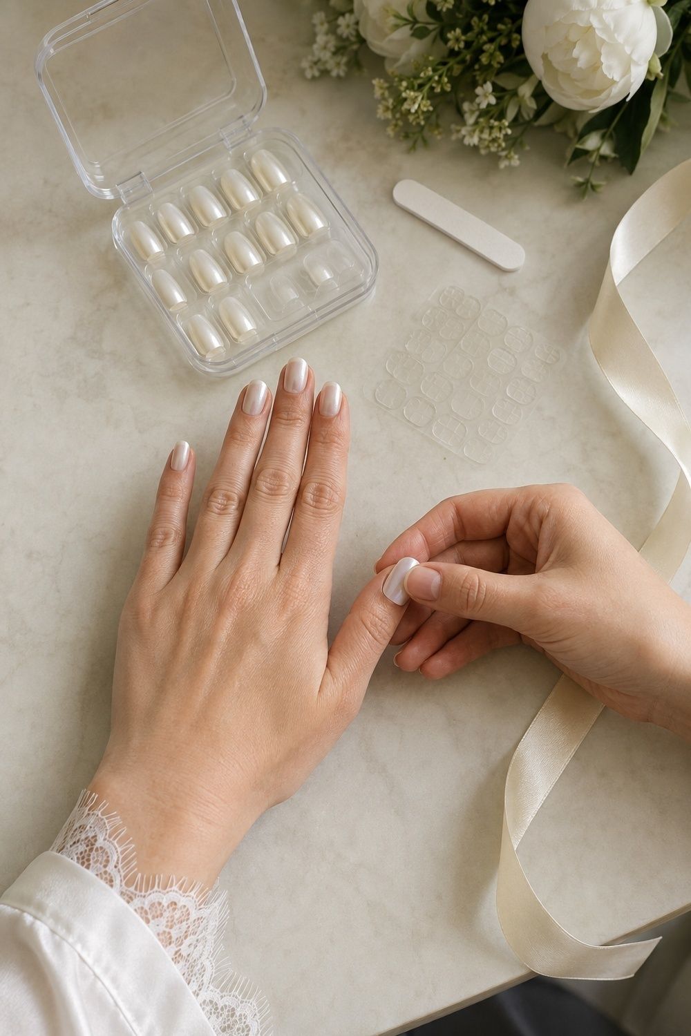 Press-on chrome nails for a bride