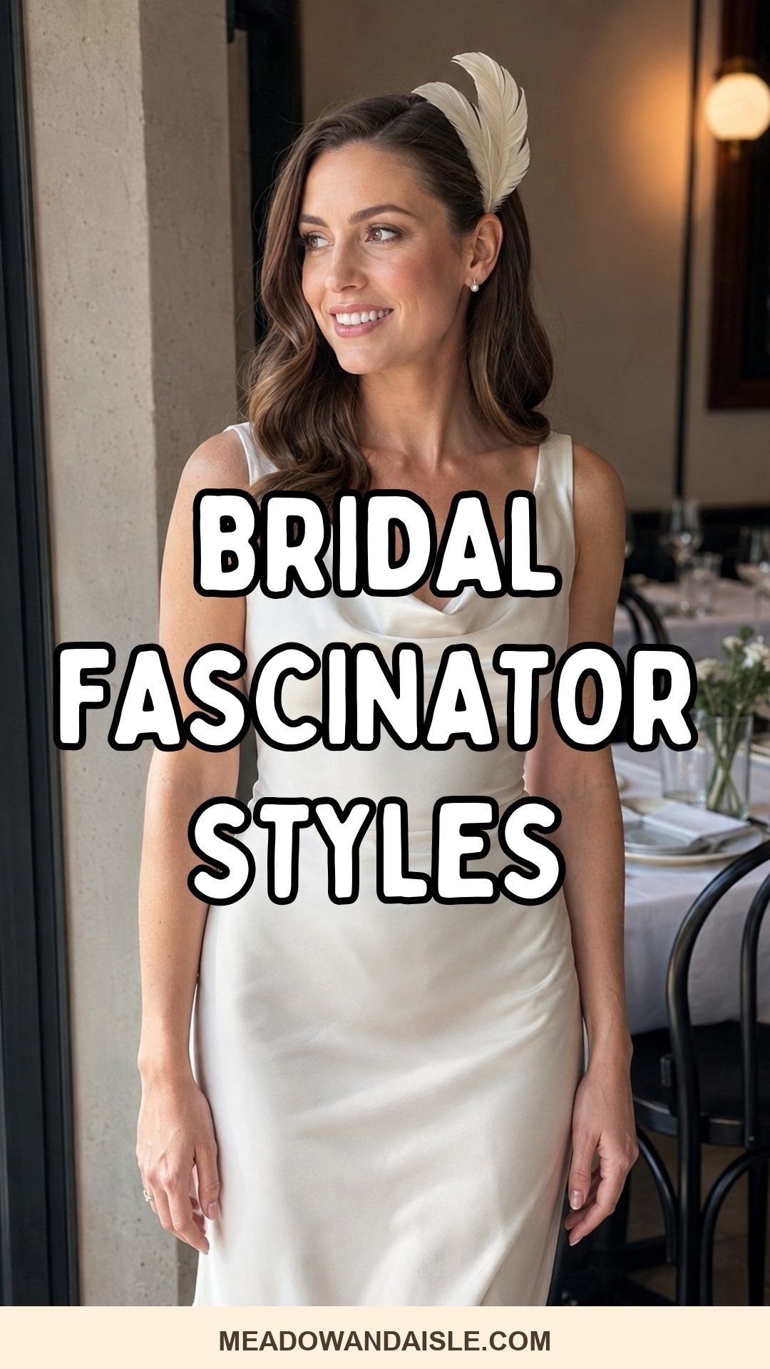 Bridal fascinator styles Pinterest pin with Meadow and Aisle branding