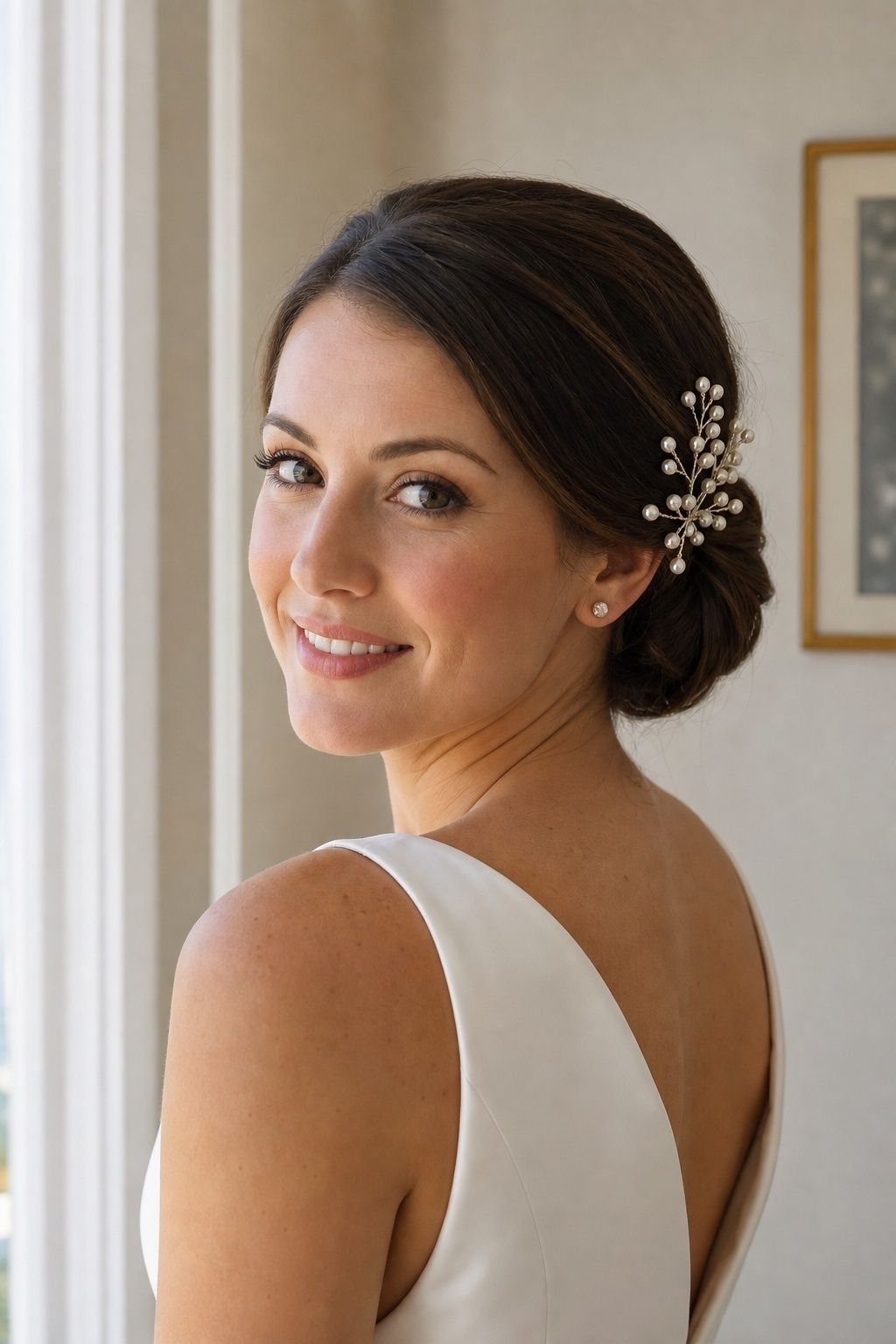 Pearl comb fascinator tucked into a low bun