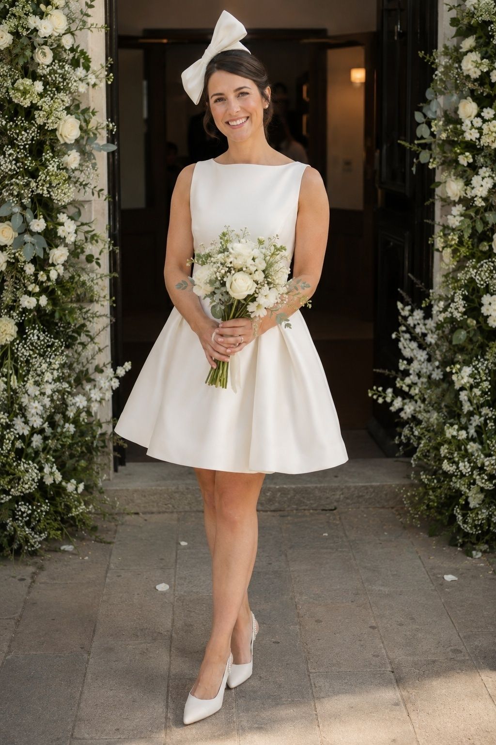 Bow fascinator worn with a short wedding dress