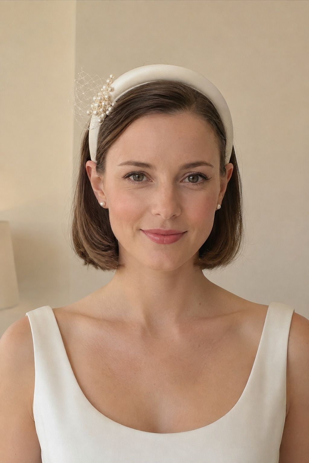 Satin headband fascinator on simple bridal hair