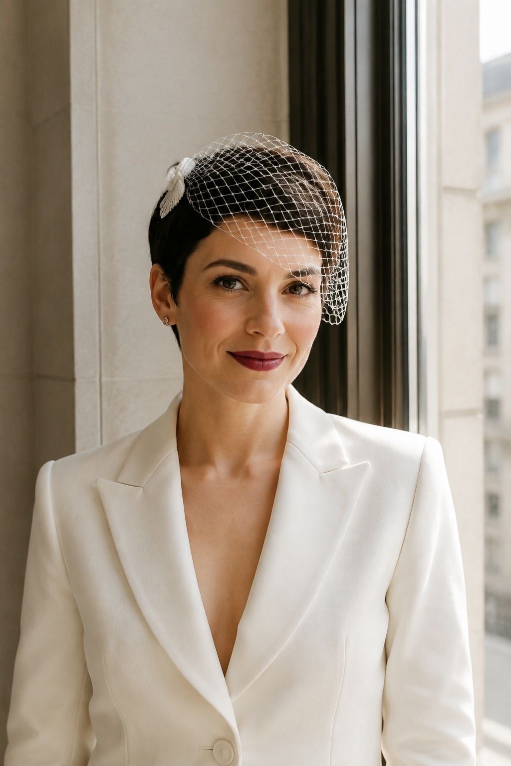 Minimal net veil fascinator worn with a bridal suit