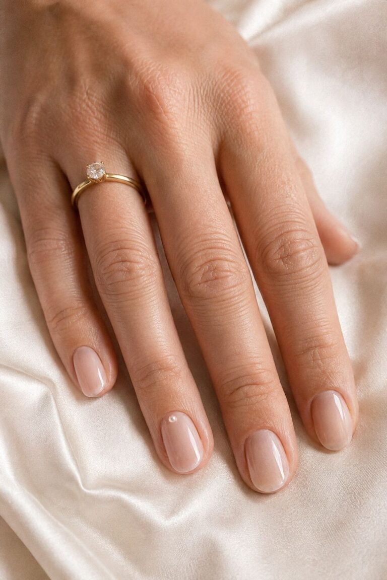 Sheer Nude Nails With One Pearl Accent