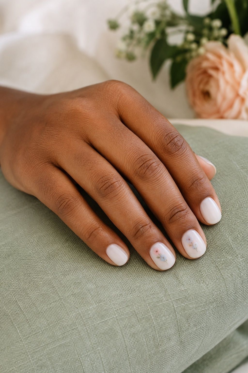 Bridal manicure of milky white nails with soft floral decals