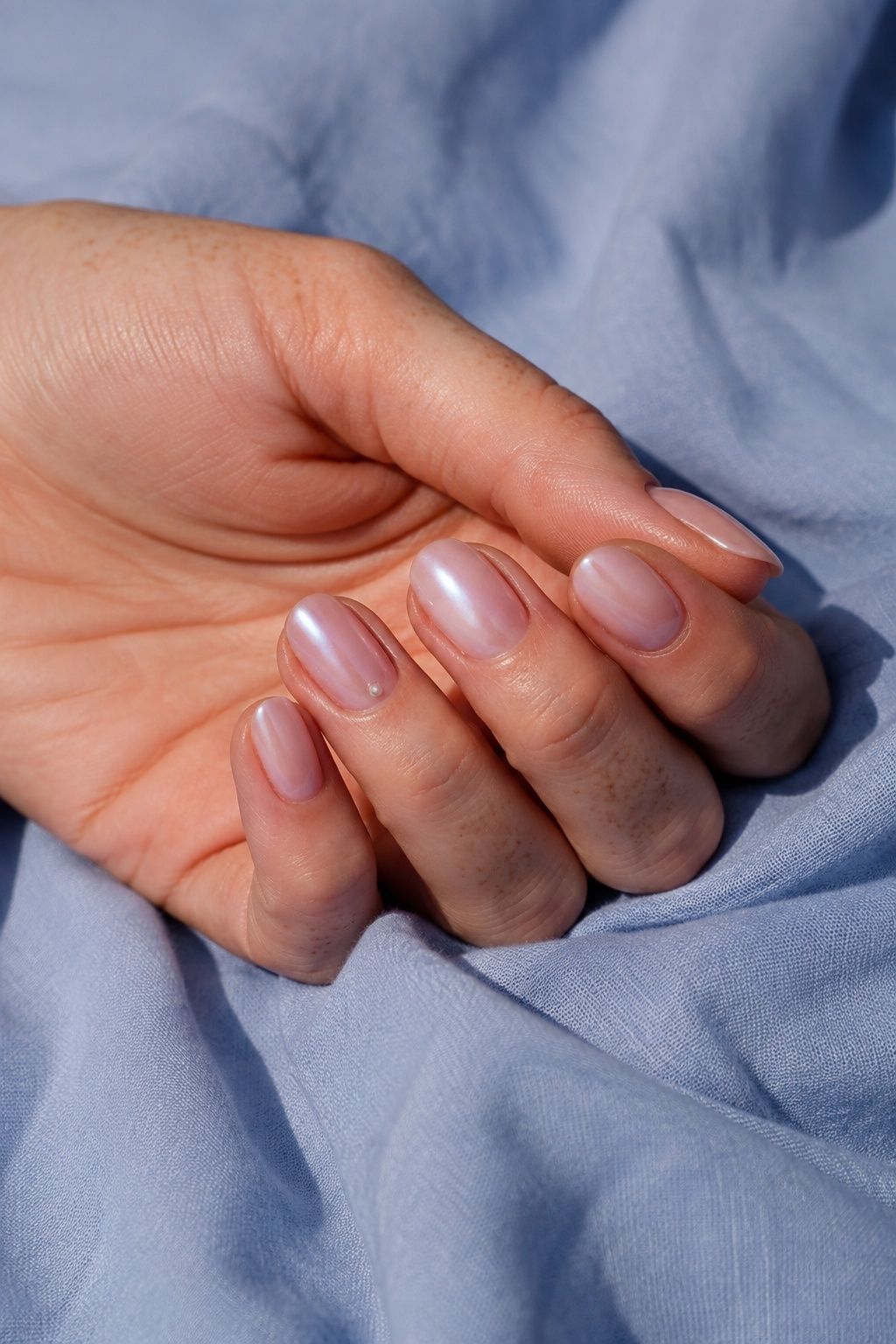 Pearl chrome powder nails over a barely pink base
