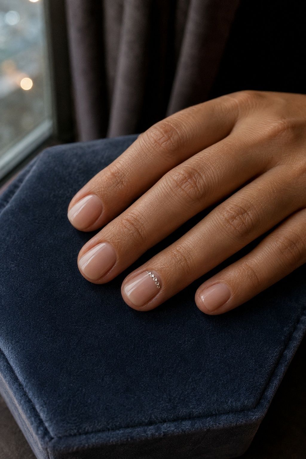 Bridal nails with crystal accents around the cuticle