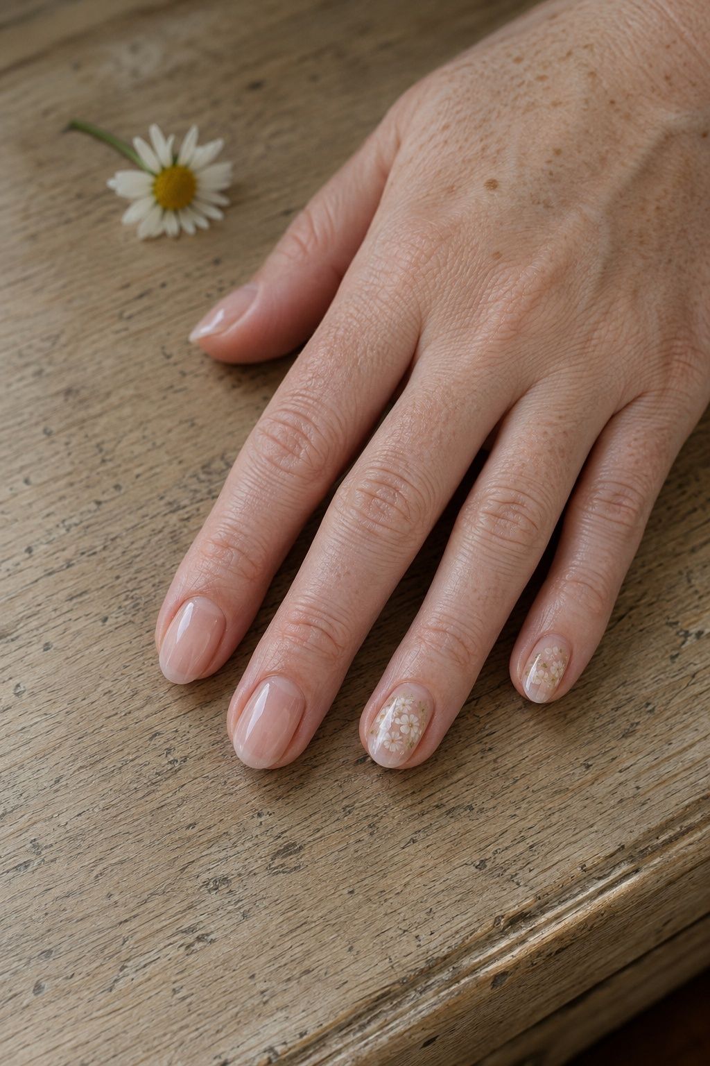 Pressed flower effect on clear builder gel nails