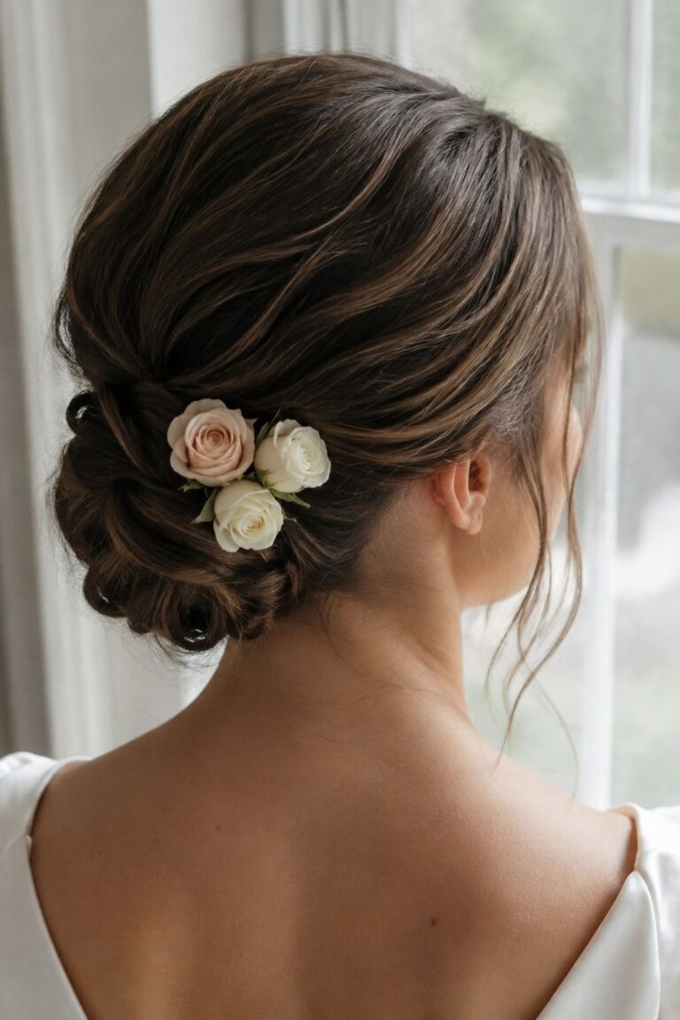 Low Bun With Small Spray Roses floral bridal hairstyle
