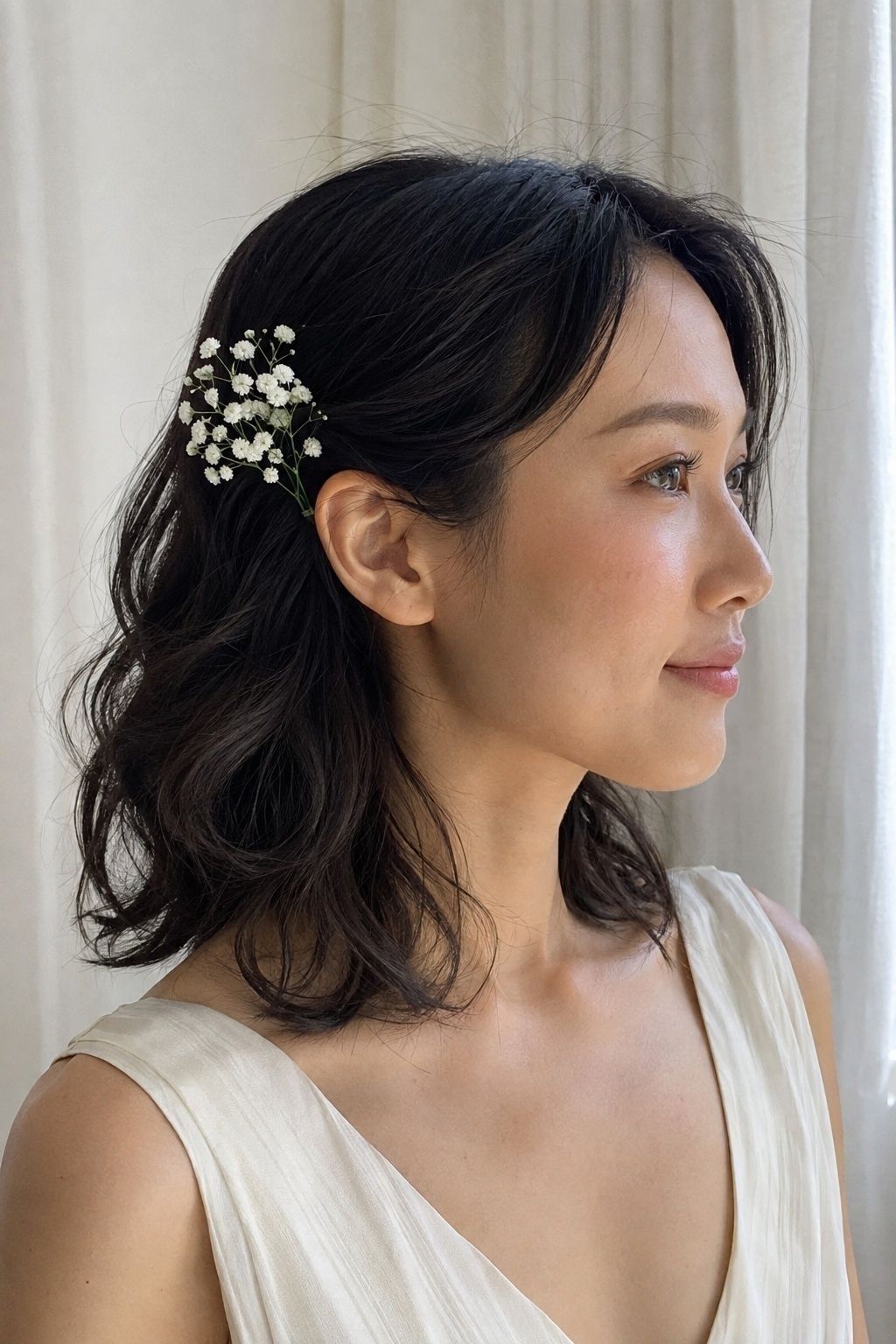 Loose waves with baby's breath tucked behind one ear