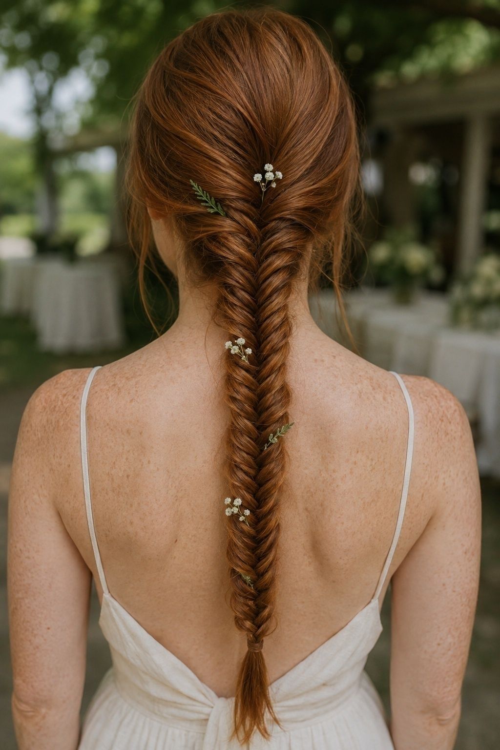 Fishtail braid woven with baby's breath and greenery