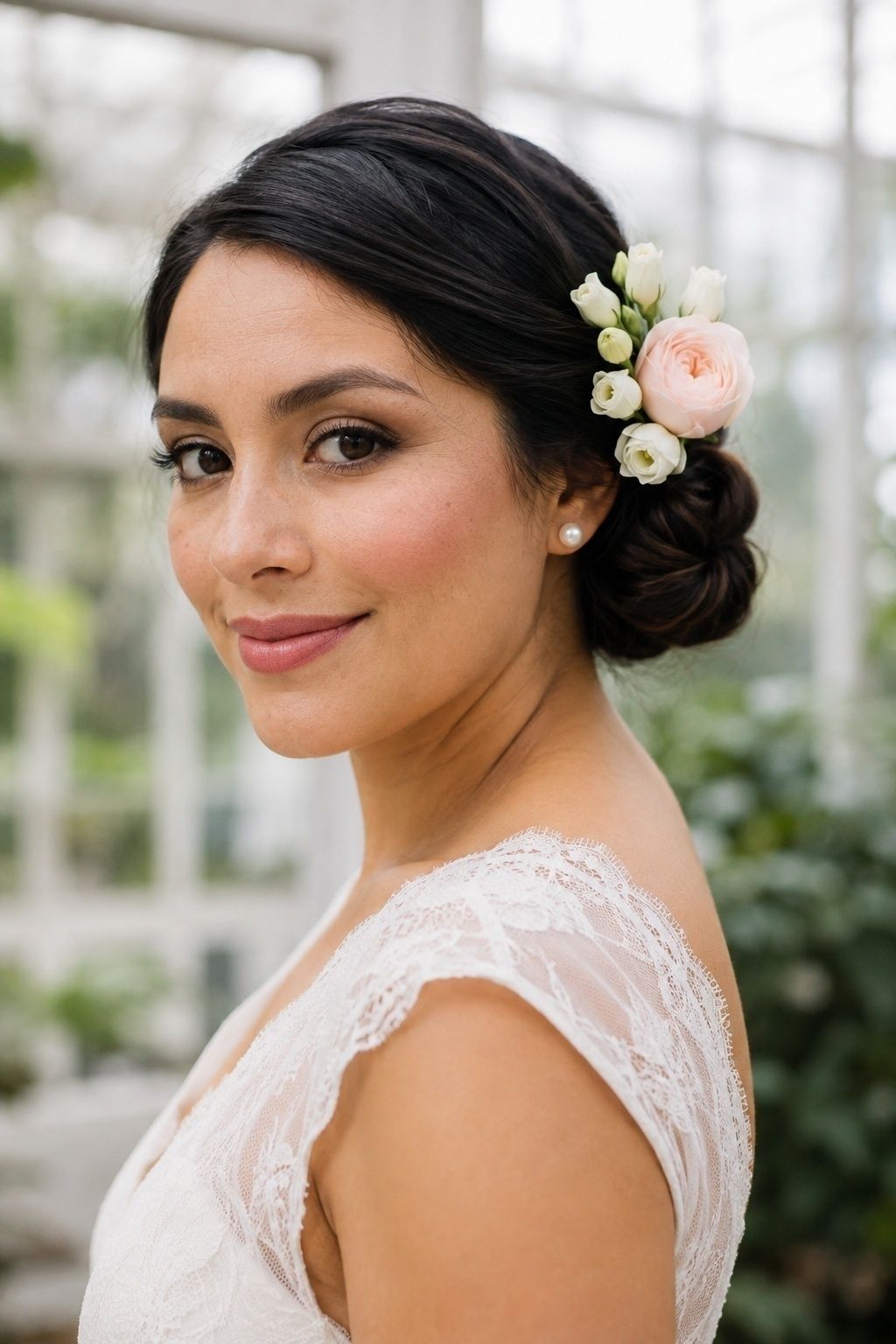 Floral chignon with a cluster of flowers at the side