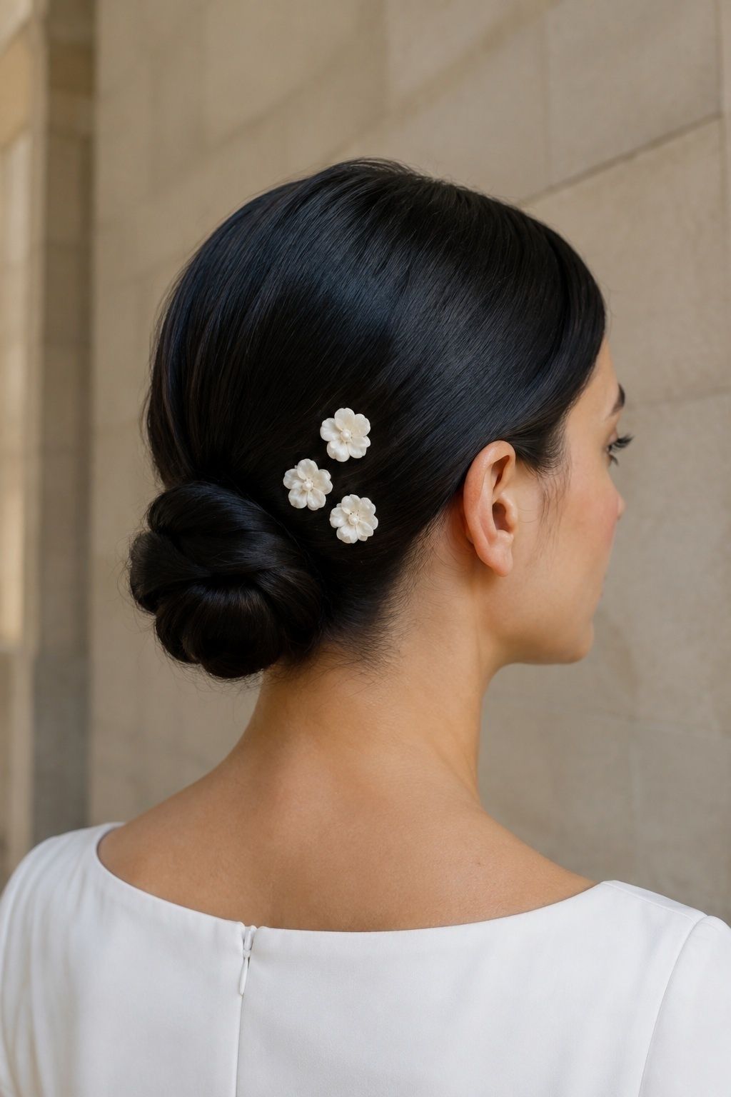 Sleek bridal bun with a few minimal floral pins