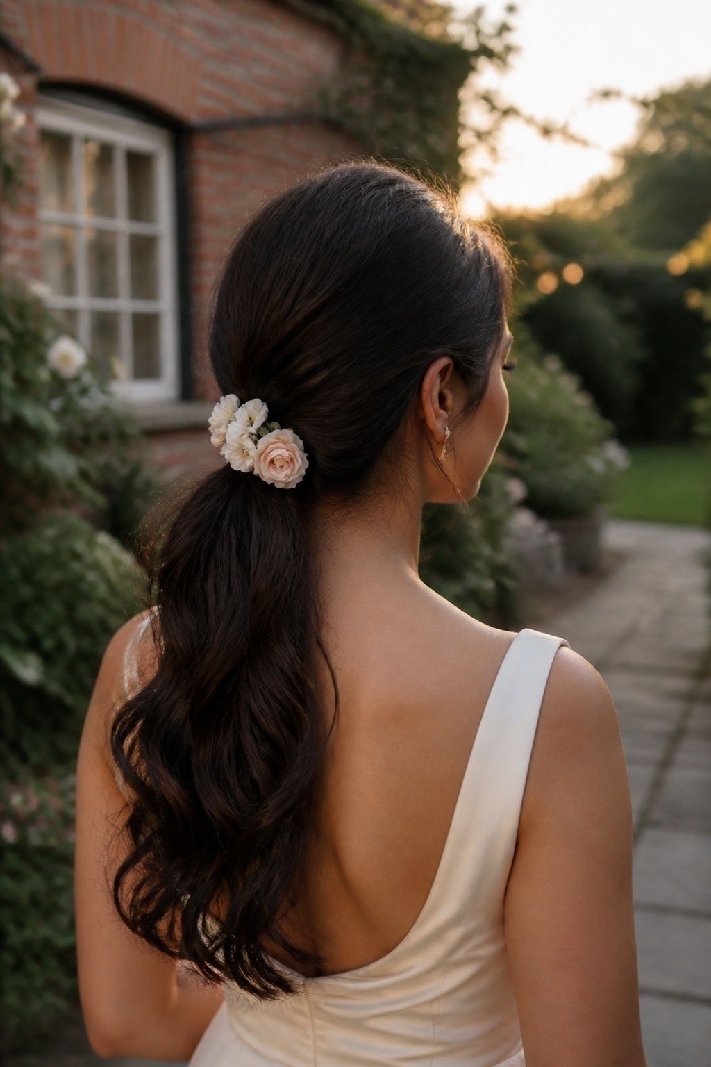 Soft bridal ponytail with flowers at the base