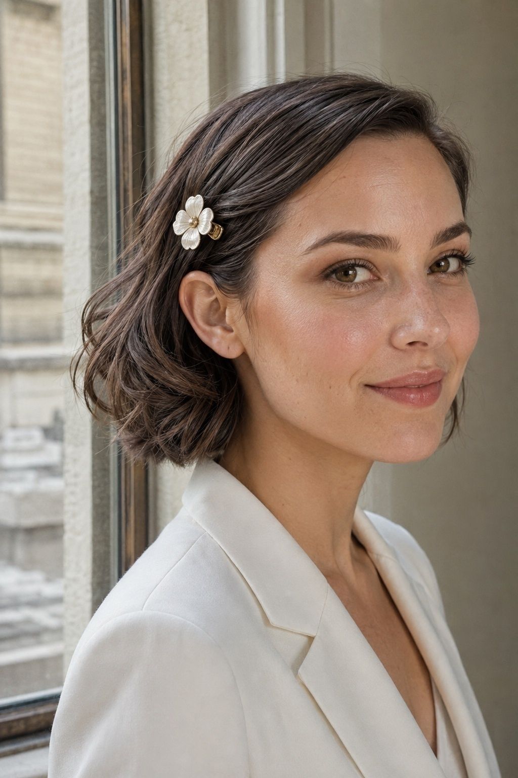Short bridal hair with a single floral clip