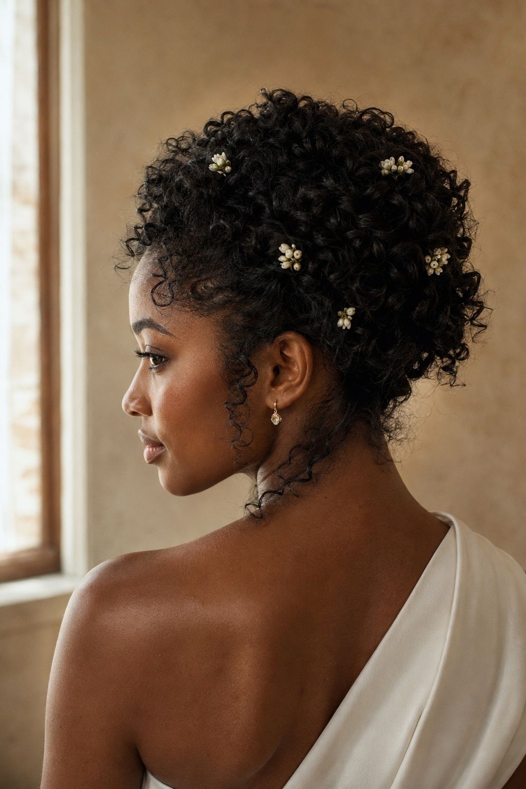 Curly updo with tiny blooms throughout