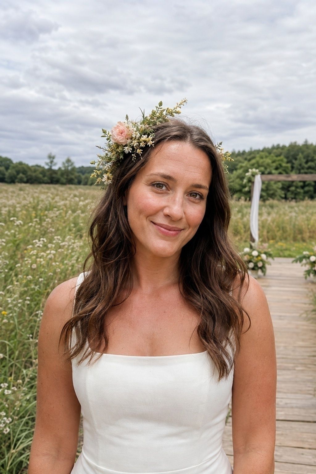 Flower crown on relaxed bridal waves