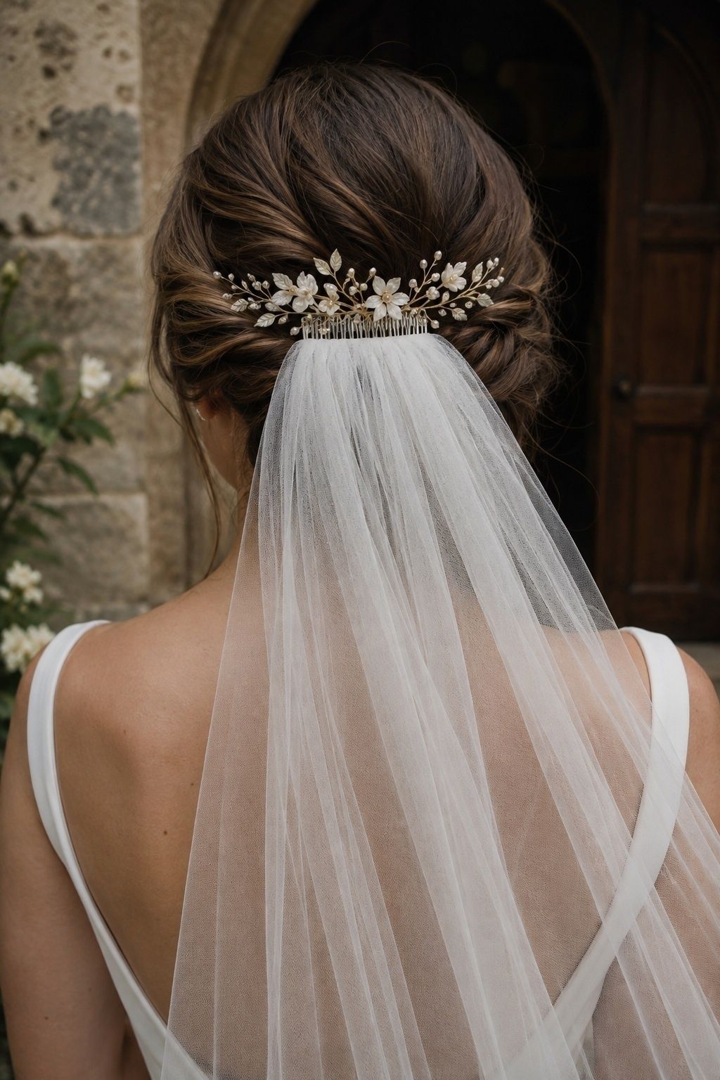 Veil and floral comb at the back of the head