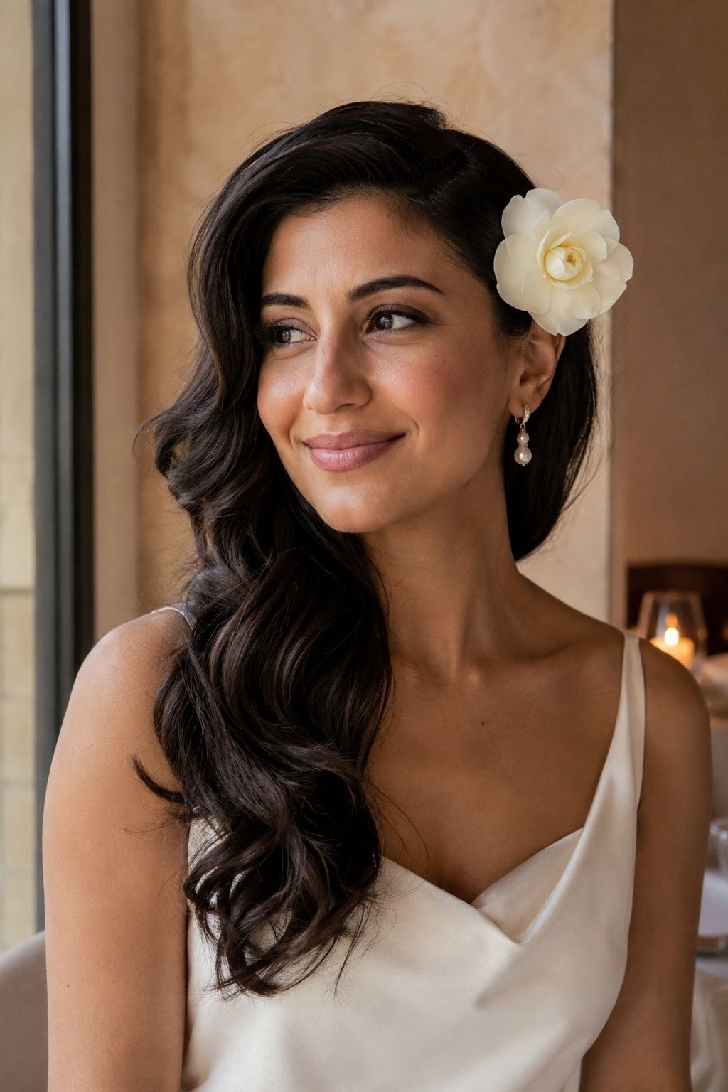 Side-swept bridal hair with one statement bloom