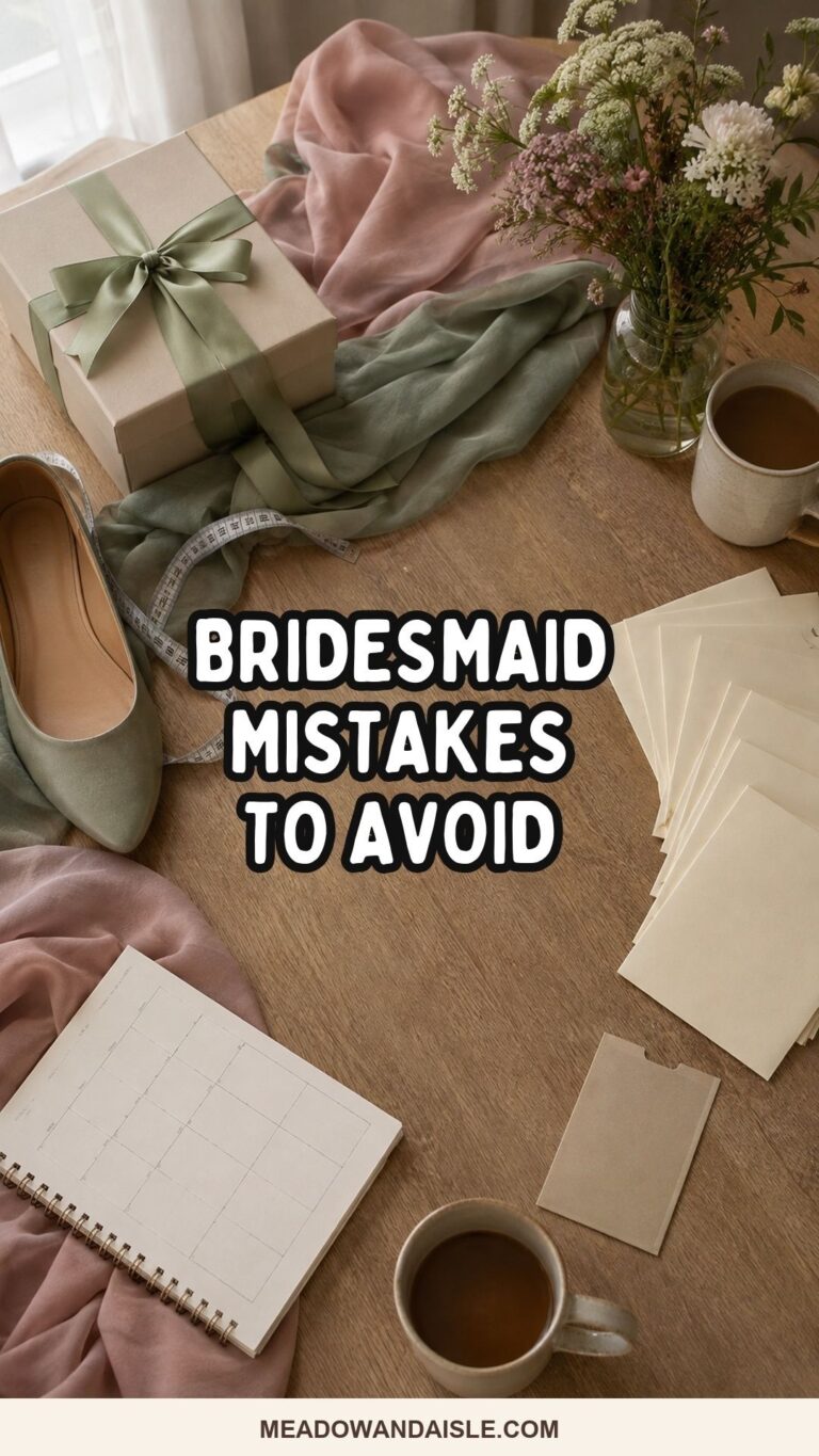 Bridesmaid mistakes to avoid Pinterest pin with proposal box, dress swatches, envelopes, calendar, and flowers
