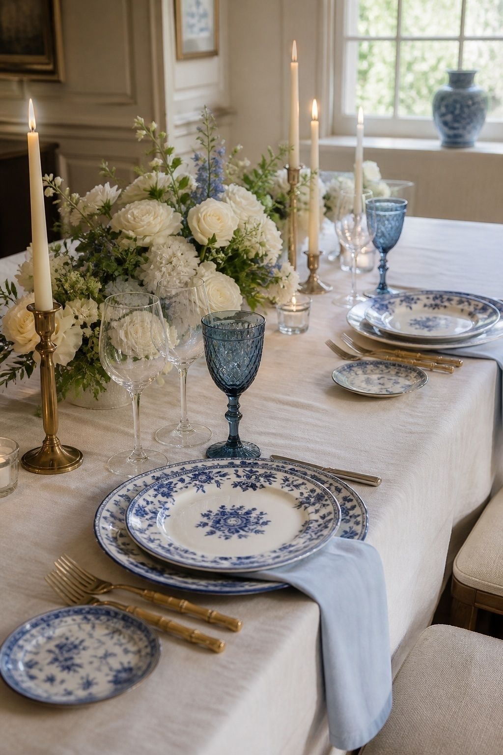 Blue and white place settings for a Bridgerton-inspired wedding