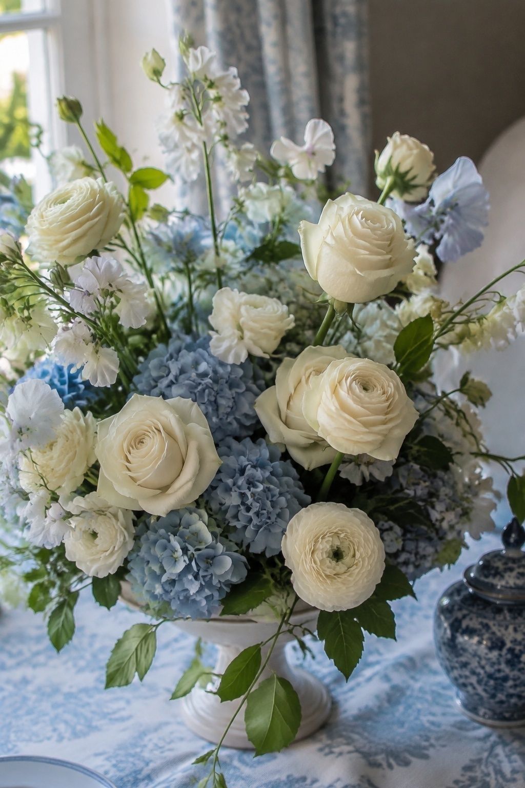 Hydrangeas arranged with cream roses