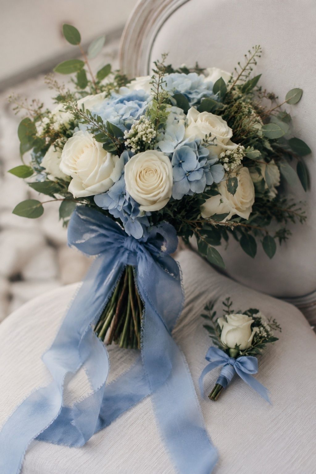 Blue ribbon wrapped around a bouquet and boutonniere