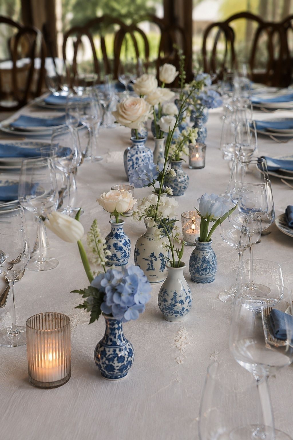 Chinoiserie-style bud vases with small blooms