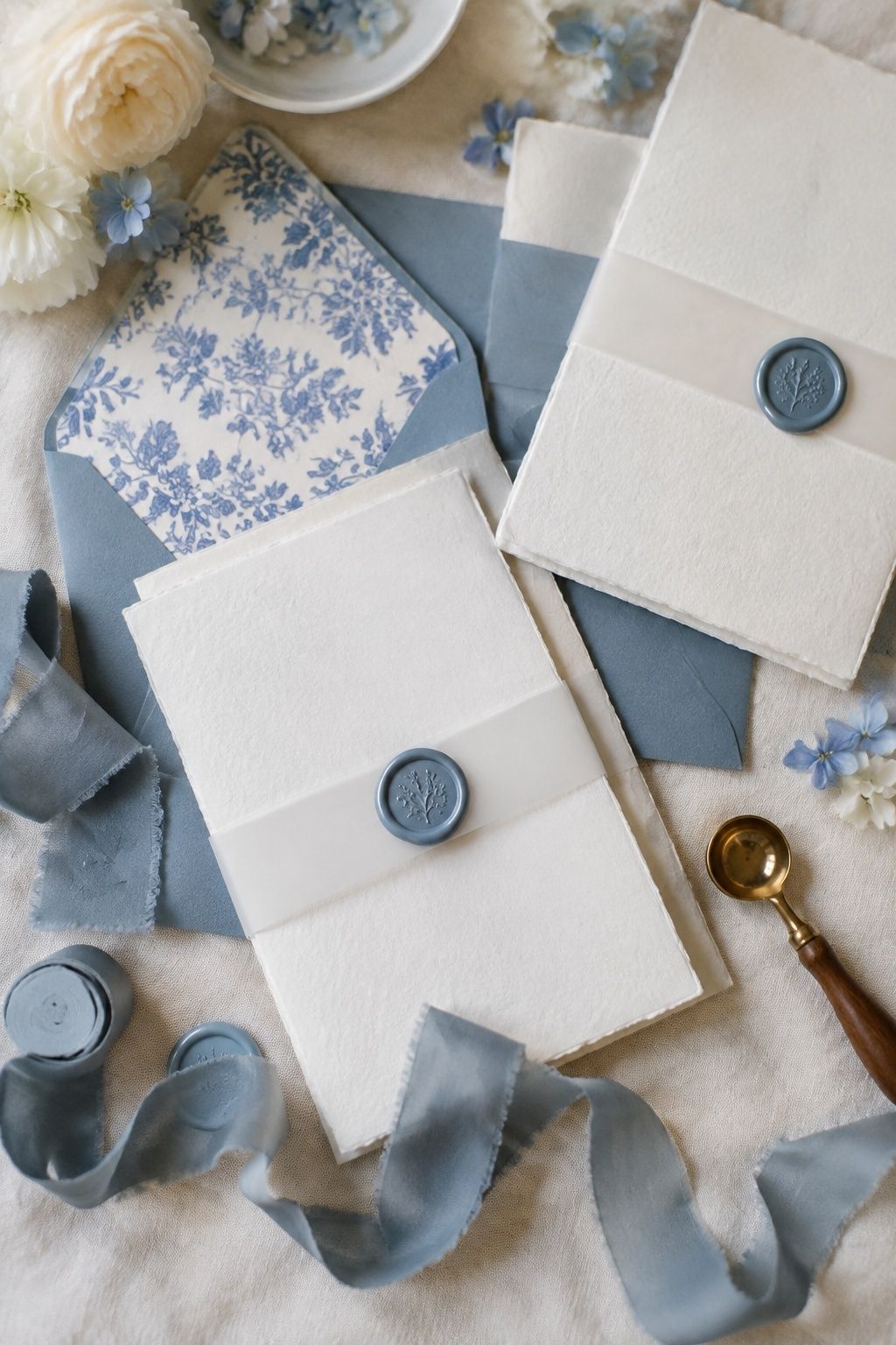 Soft blue wedding stationery sealed with wax