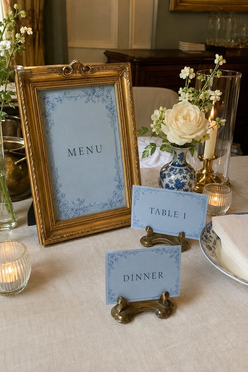 Blue menus in antique gold frames