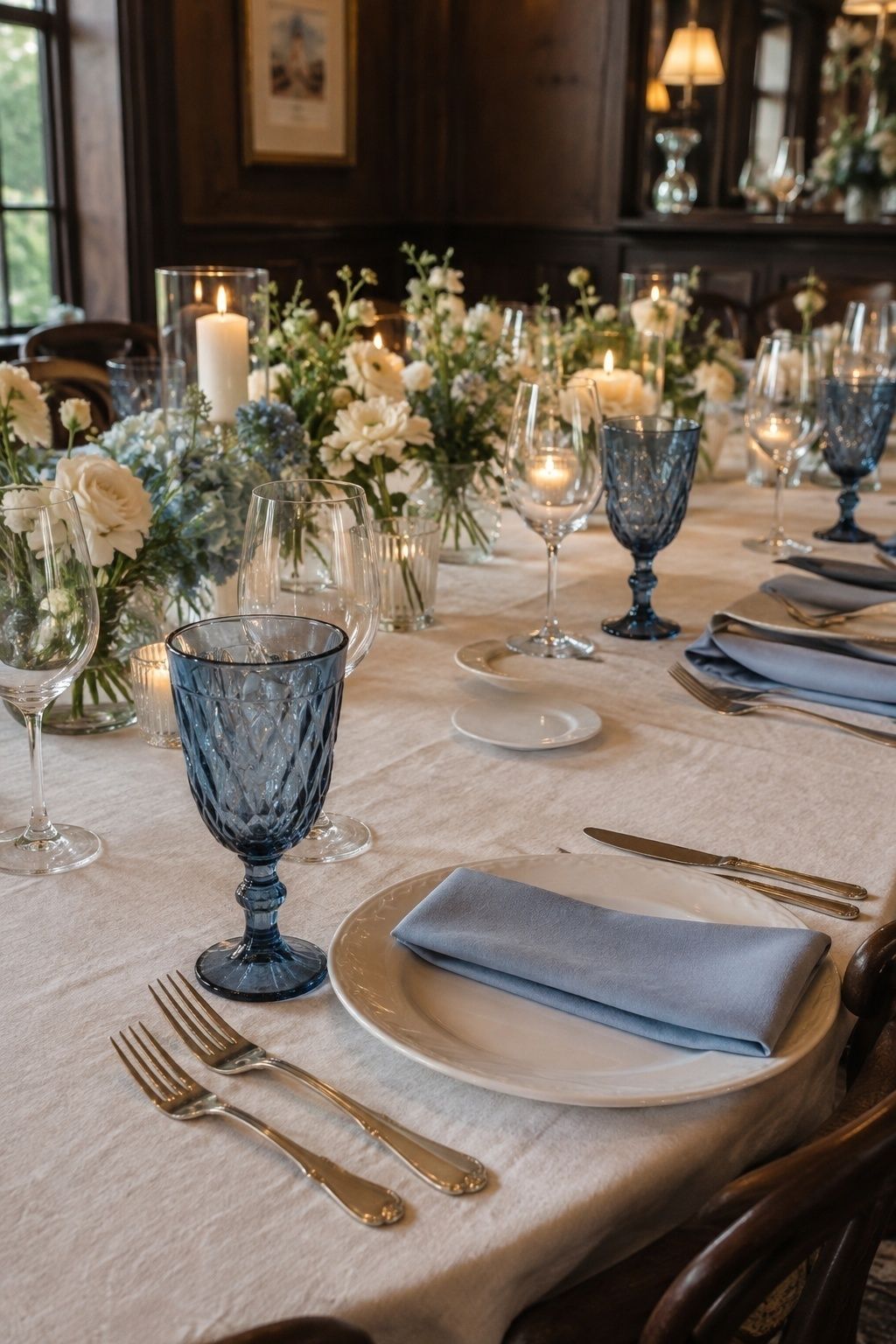 Blue goblets set on the dinner table