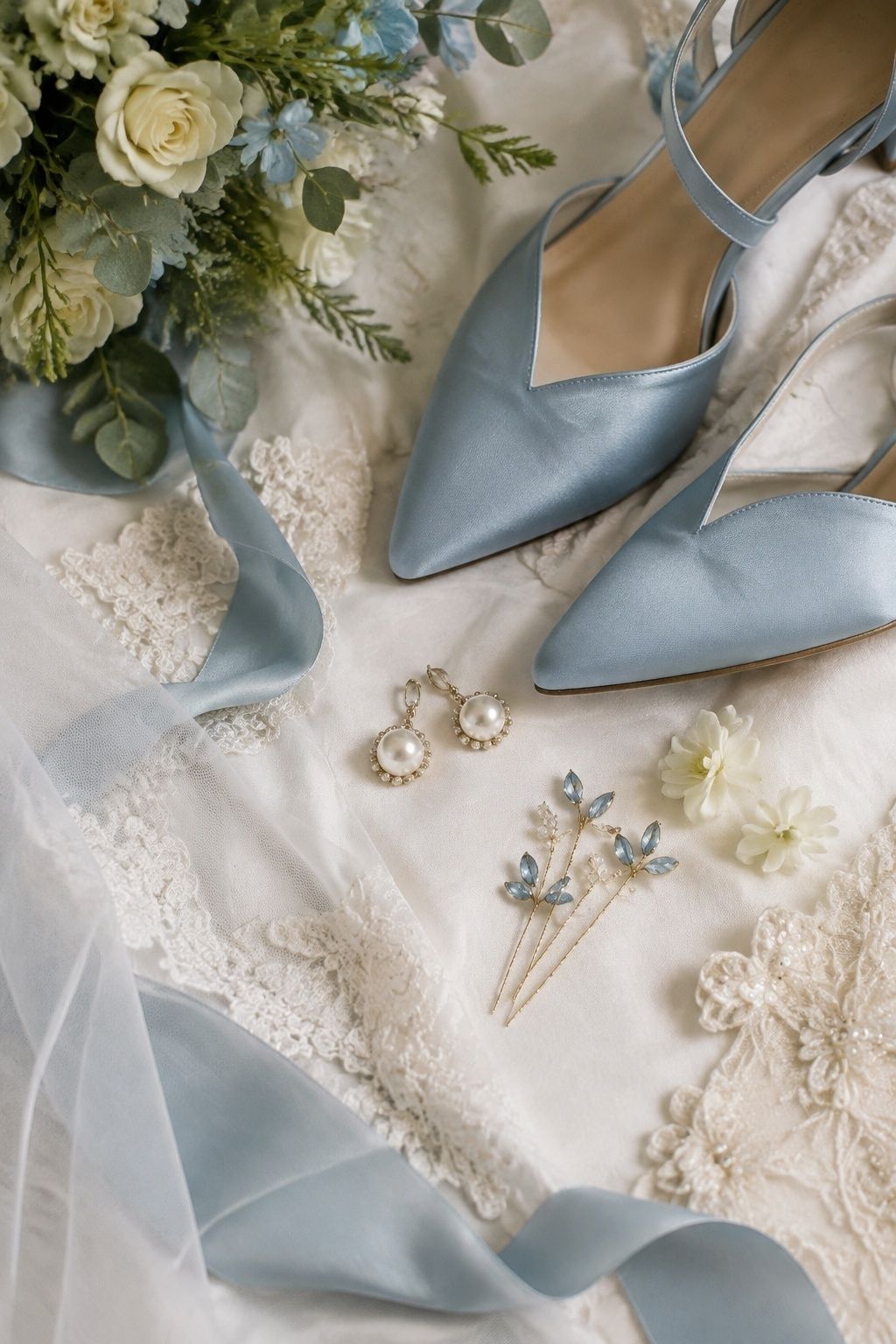 Pearl and blue bridal accessories