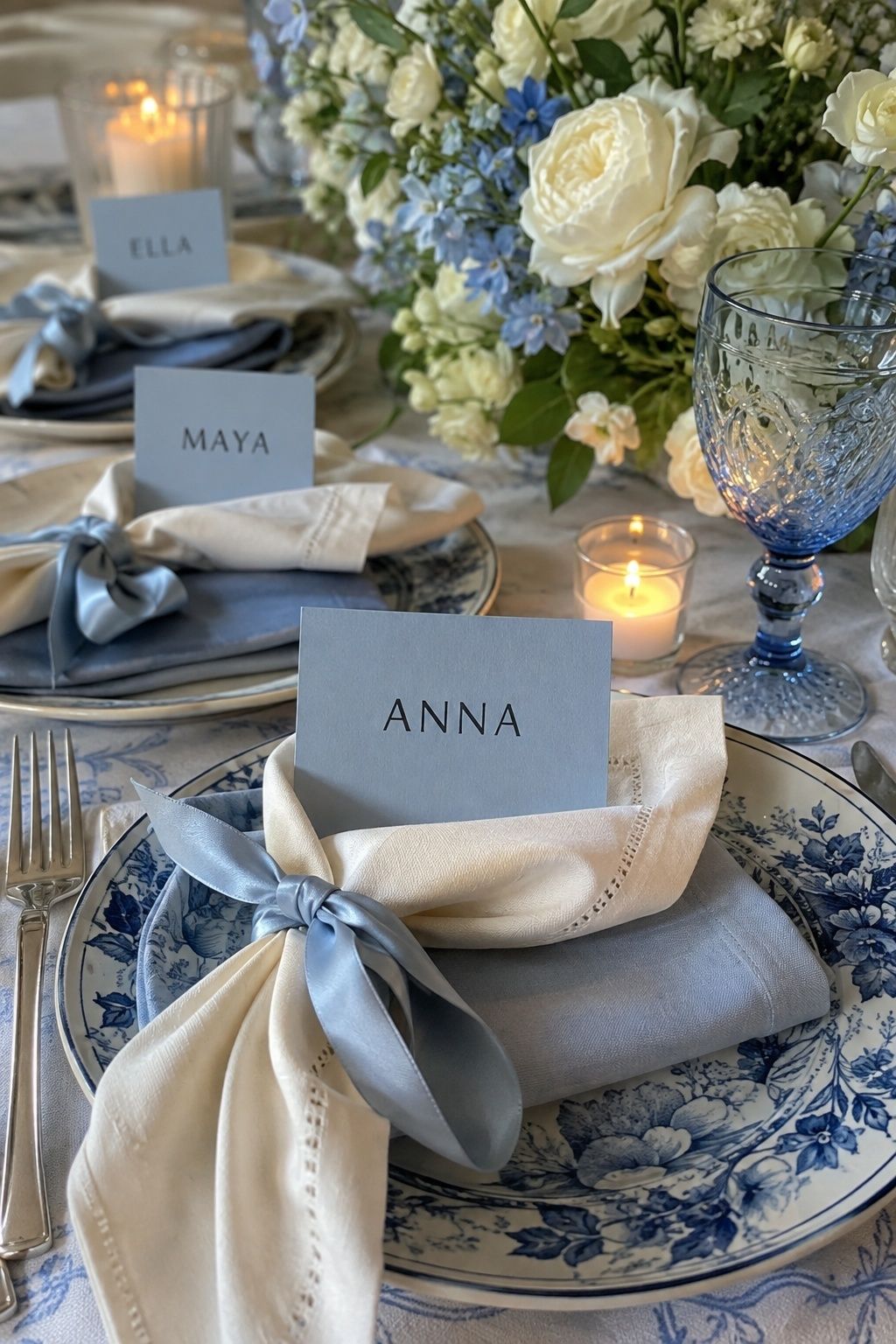 Blue seating cards with handwritten guest names