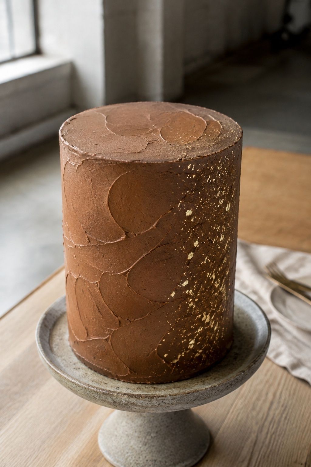 Brown and gold wedding cake with textured buttercream and gold specks