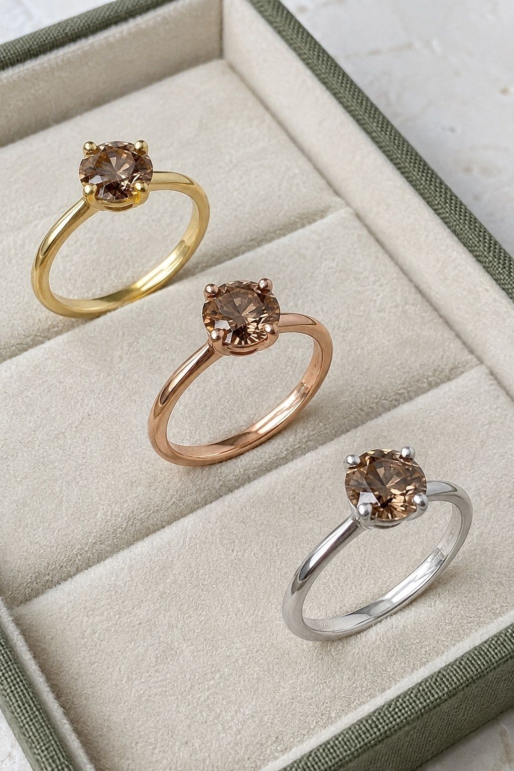 Metal and prong choices that shift a brown diamond's undertone