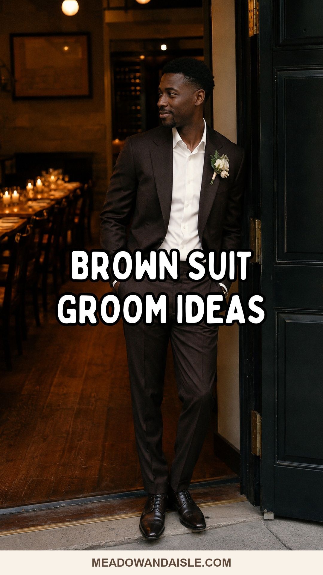 Brown suit groom ideas Pinterest pin with warm brown wedding tailoring