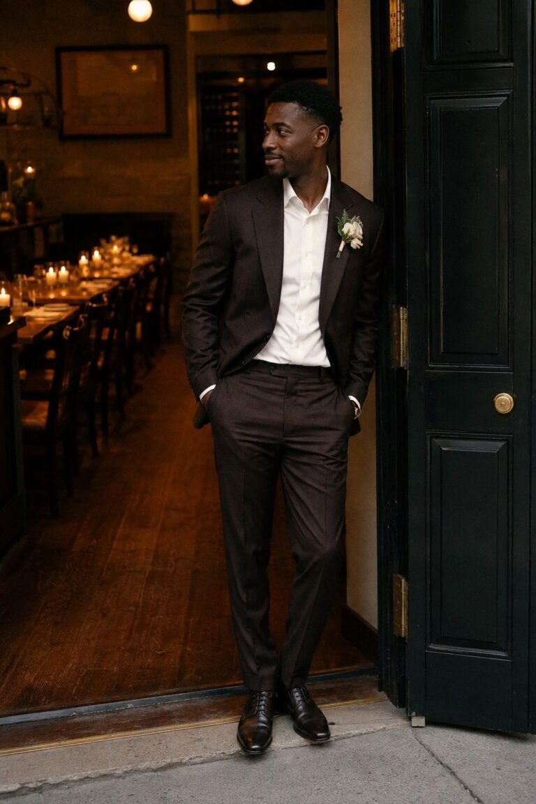 Groom in a deep espresso brown suit with ivory shirt at a restaurant doorway