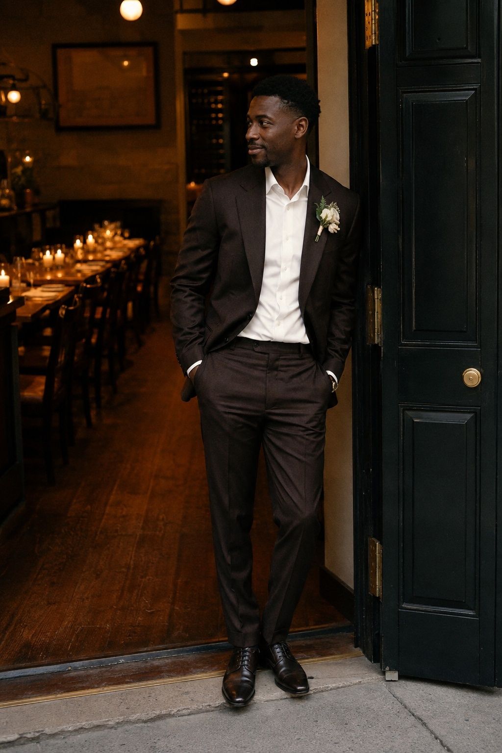 Groom in a deep espresso brown suit with ivory shirt at a restaurant doorway