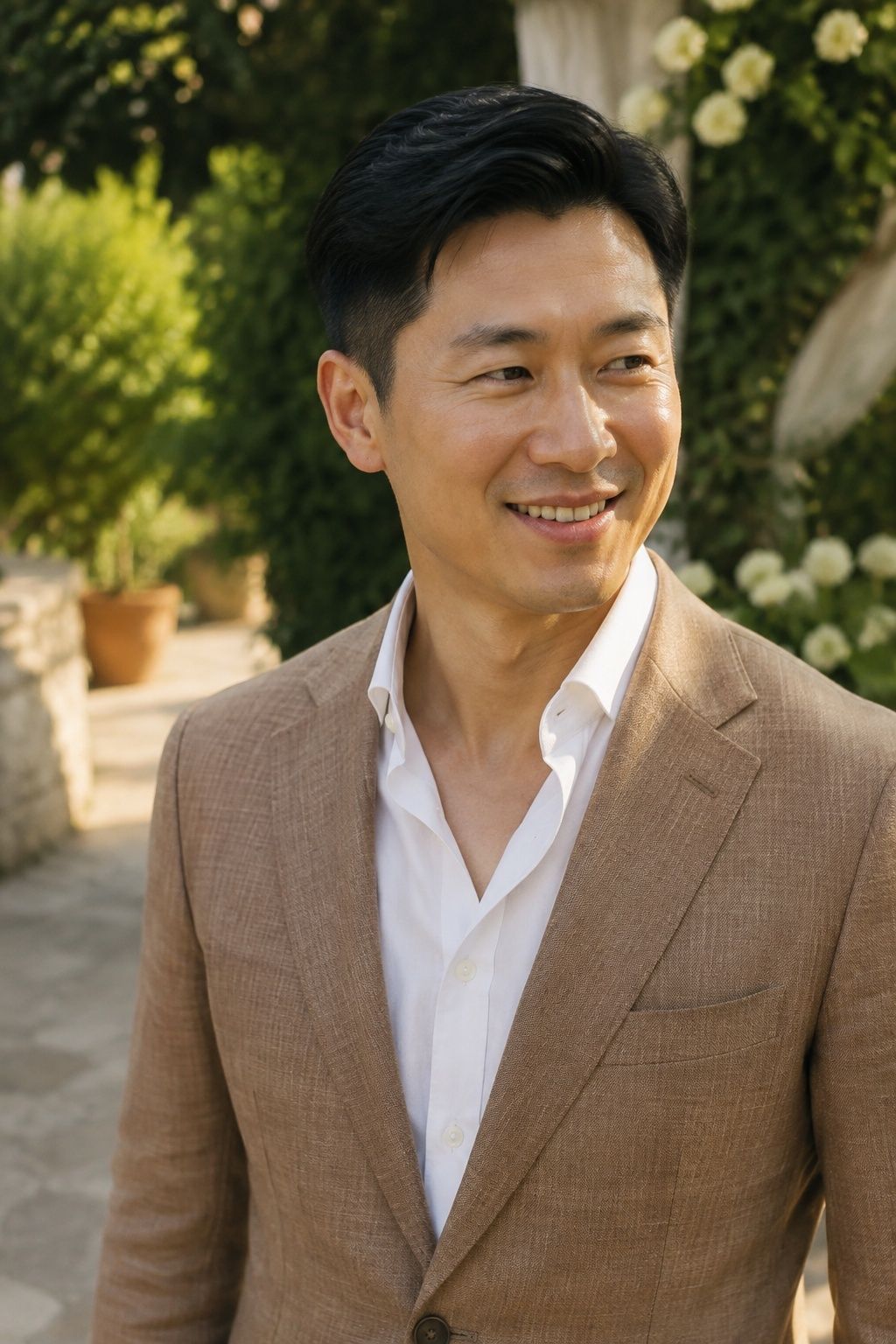 Light tobacco linen groom suit at a summer garden wedding