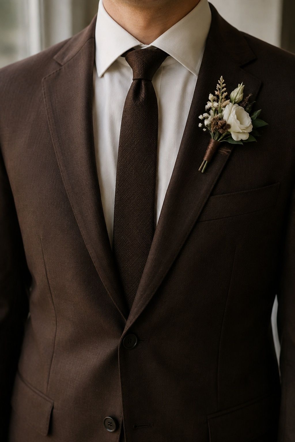 Crisp ivory shirt and brown tie with chocolate groom tailoring