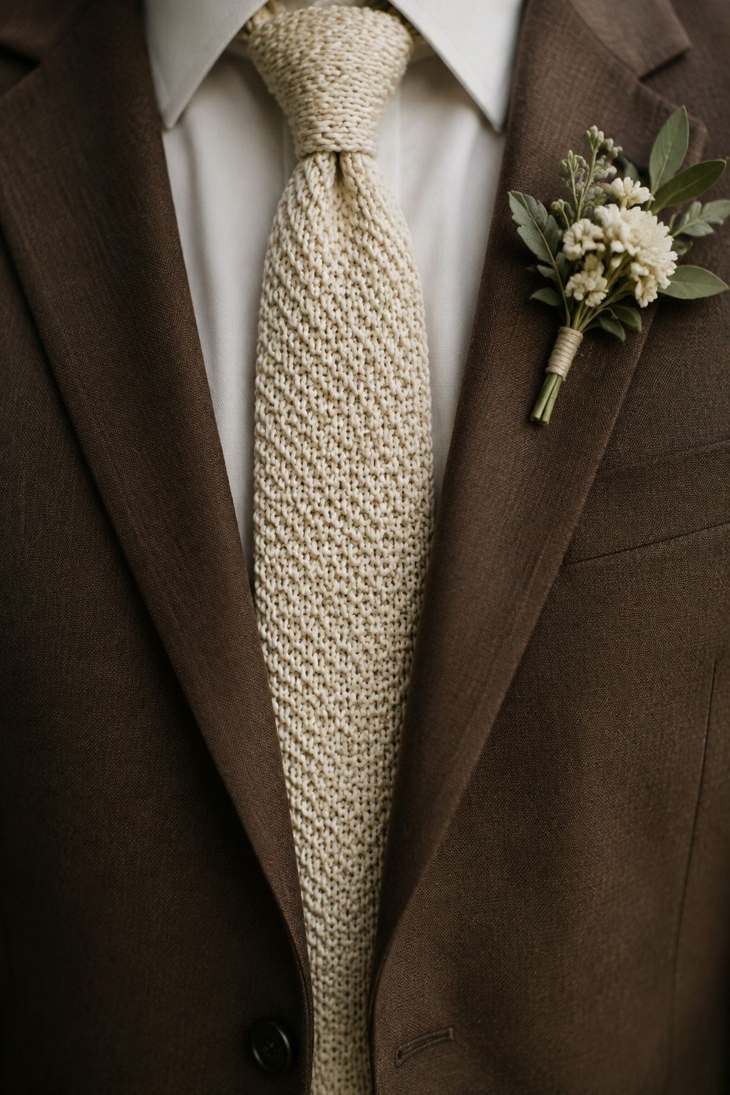Cream knit tie with ivory shirt and mocha wool jacket