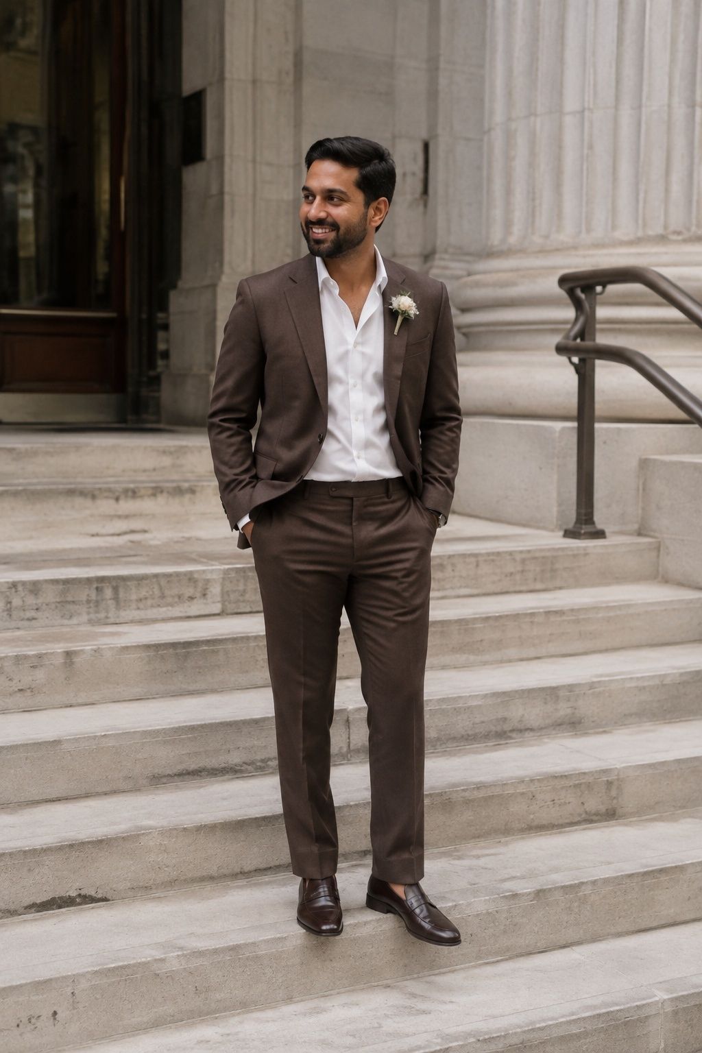 Mocha groom suit and ivory open collar on city hall steps