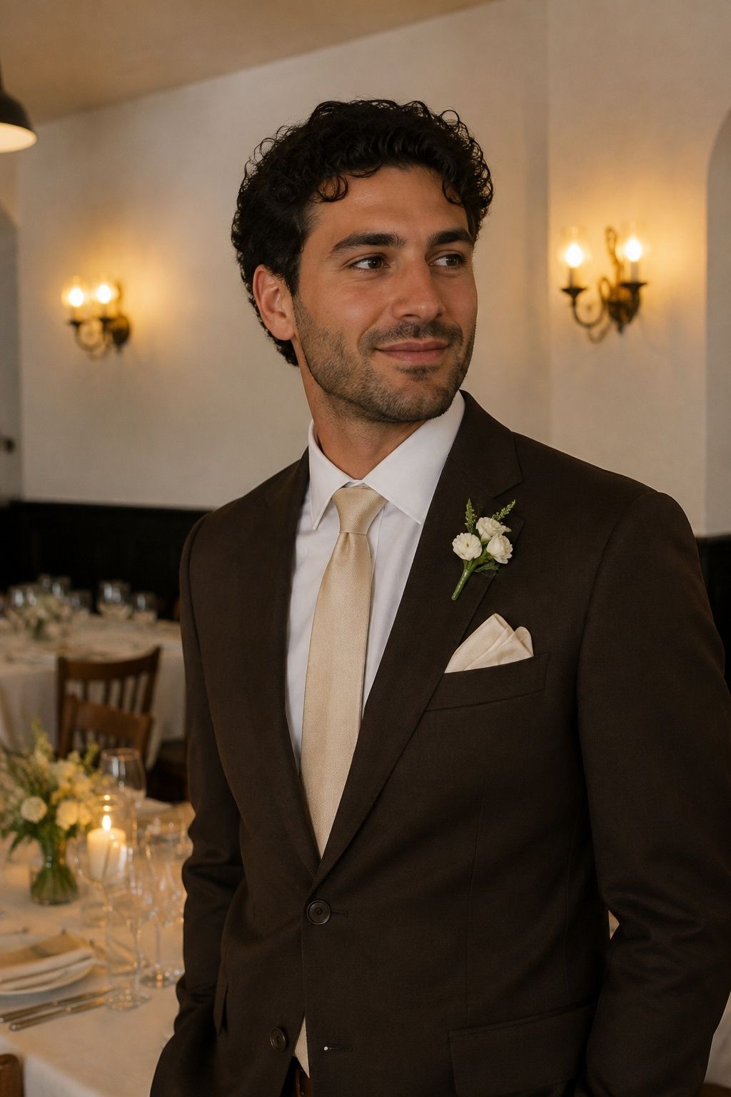 Chocolate groom suit and champagne tie at a restaurant reception