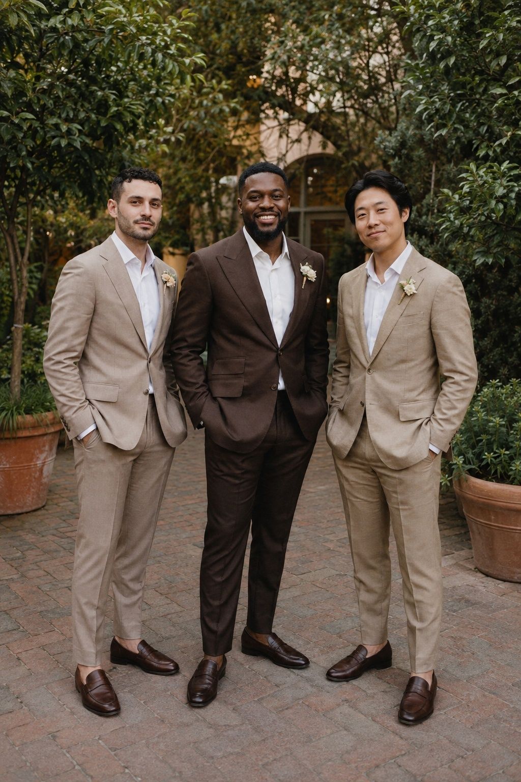 Groom in chocolate brown with attendants in taupe and tan suits