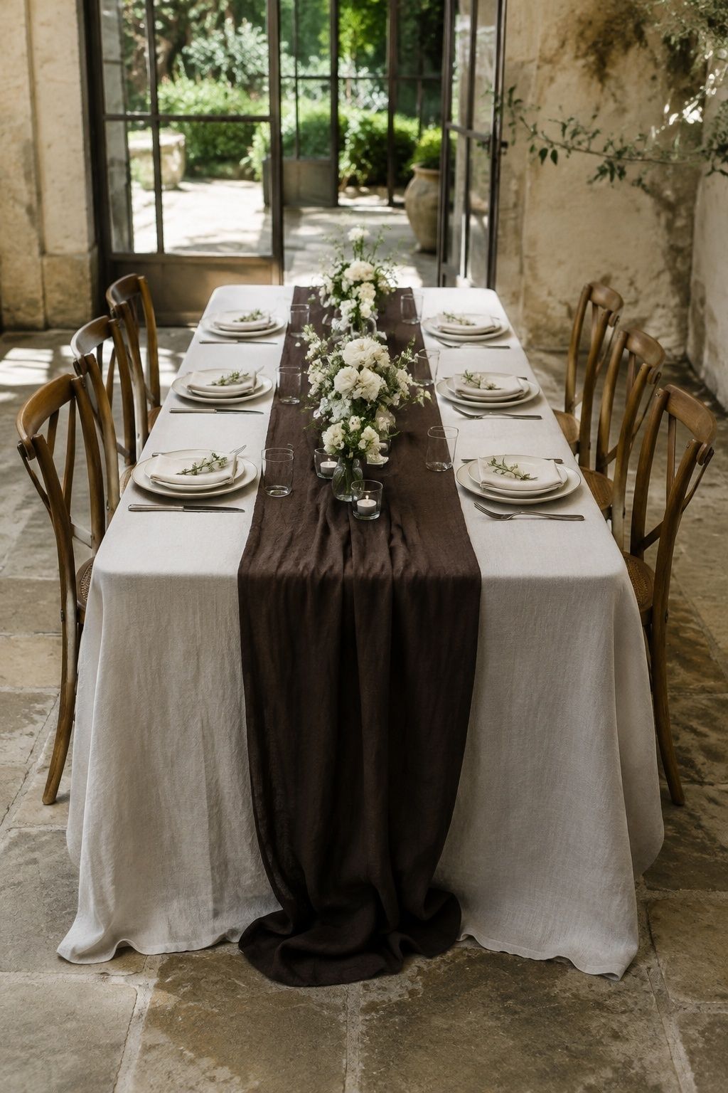 Chocolate brown table runners laid over cream linens