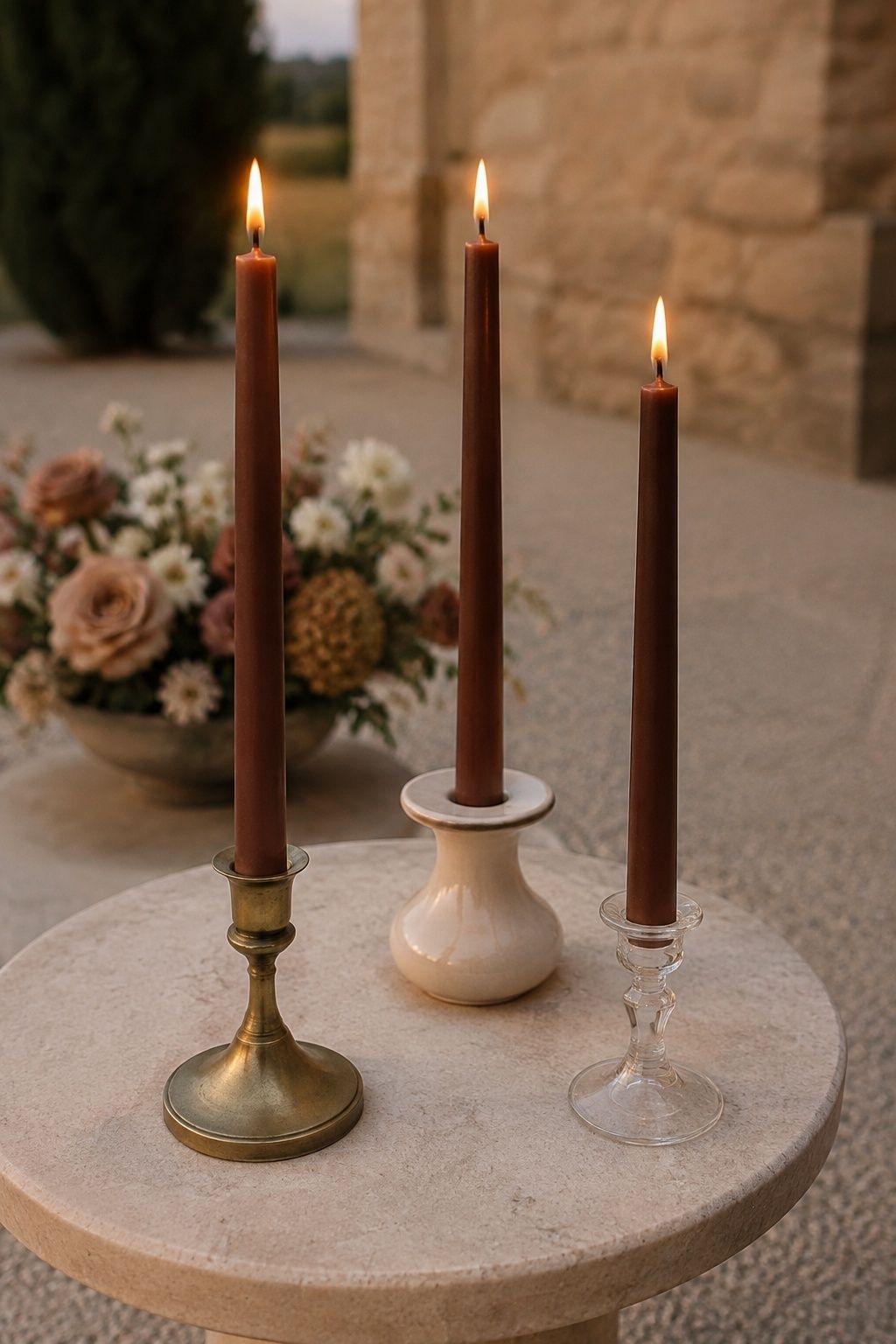 Brown taper candles in mixed holders