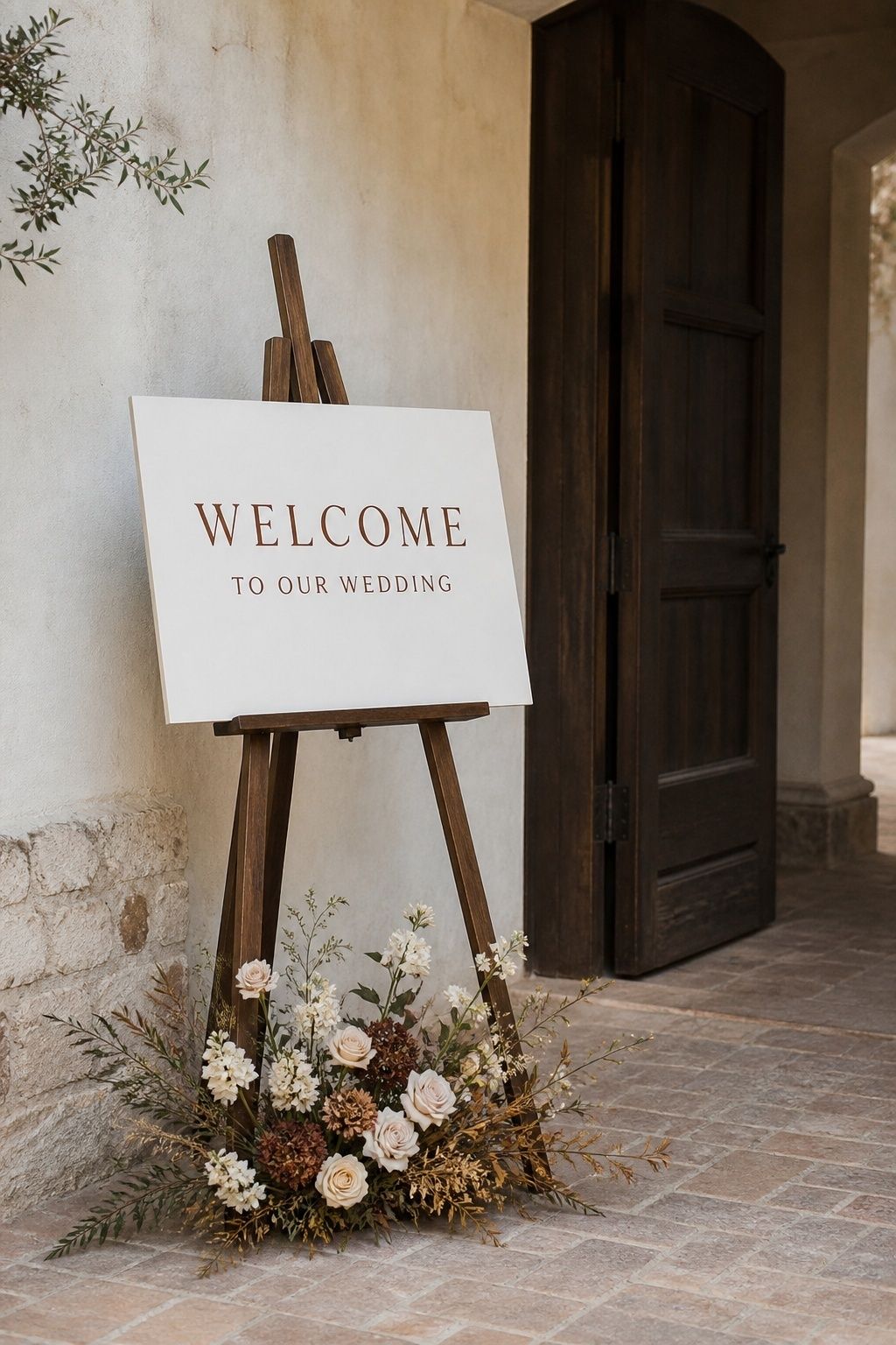 Minimal brown lettering on warm white signs
