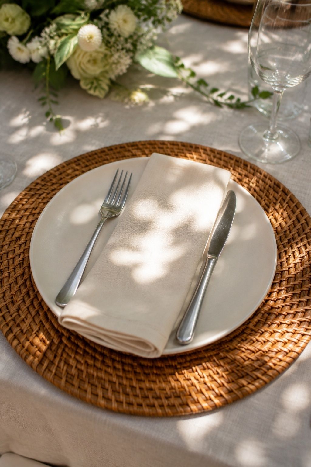 Wood chargers and rattan place mats on a reception table