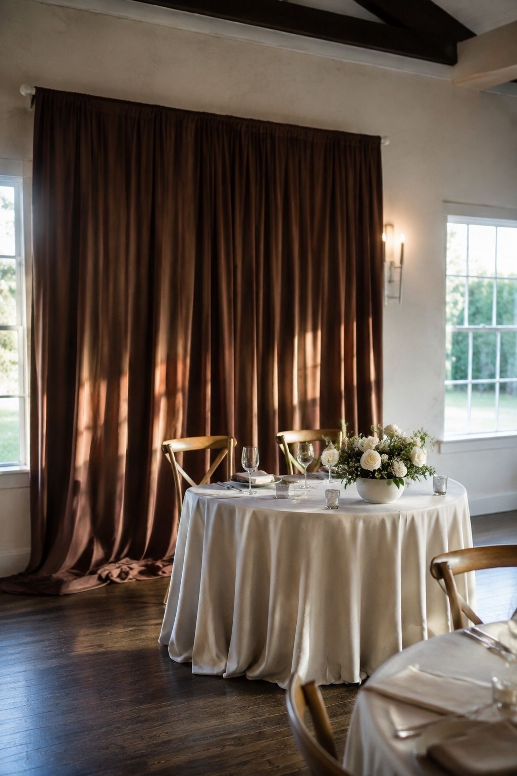 Mocha draping at a dinner reception
