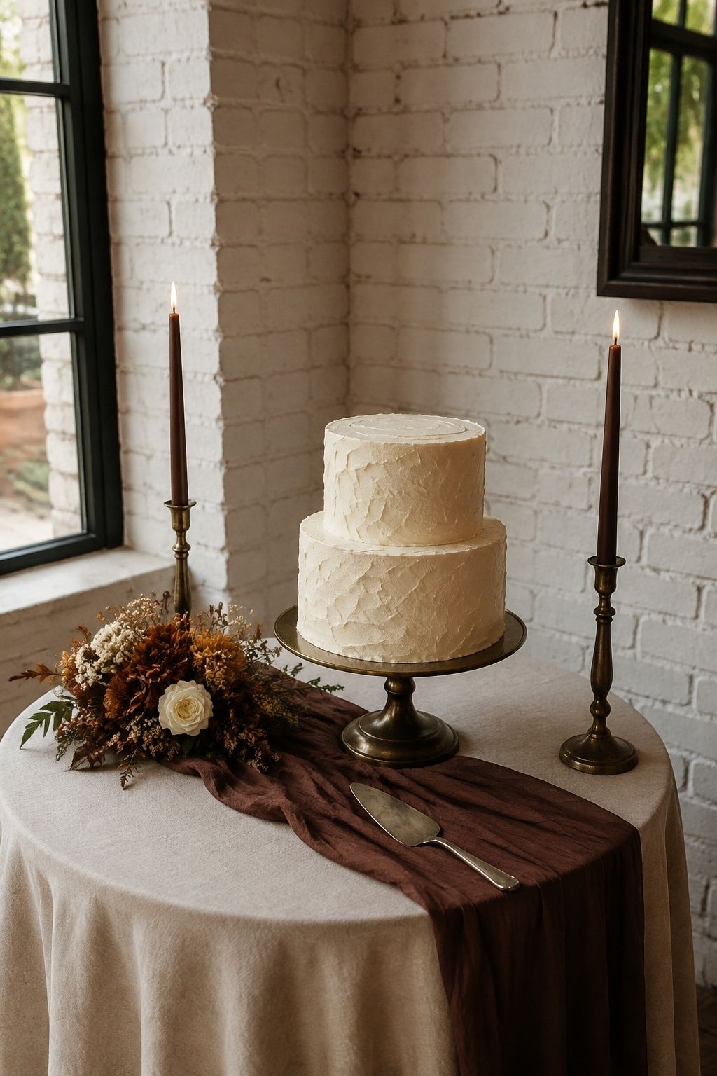 Cake table styled with brown and gold details