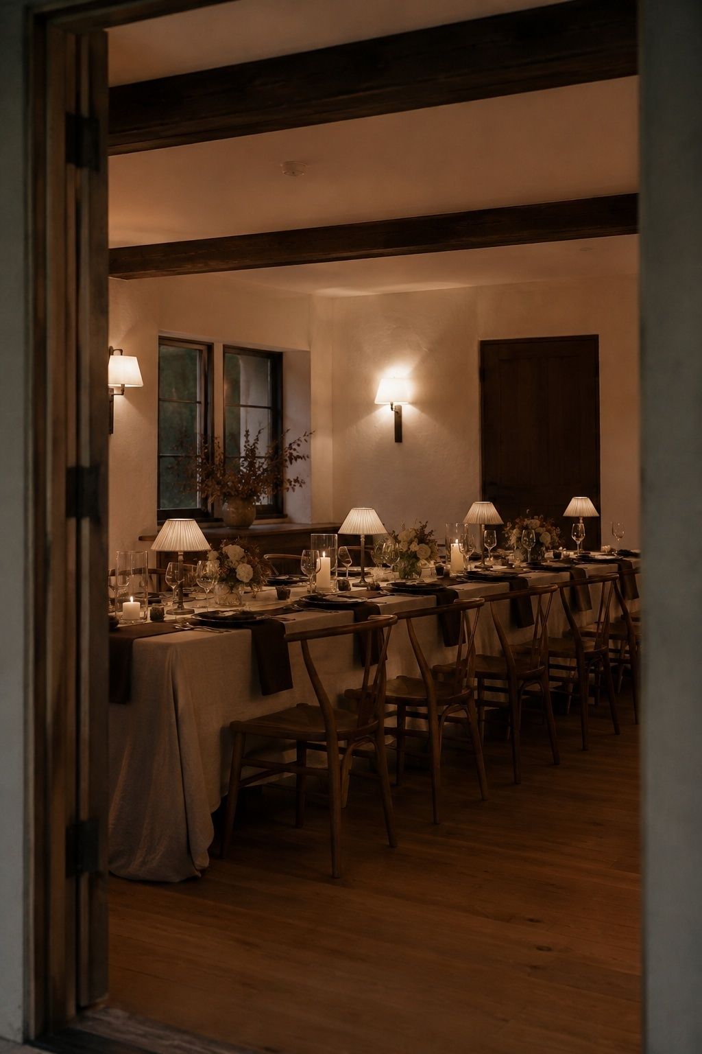 Warm lighting on a brown-toned reception